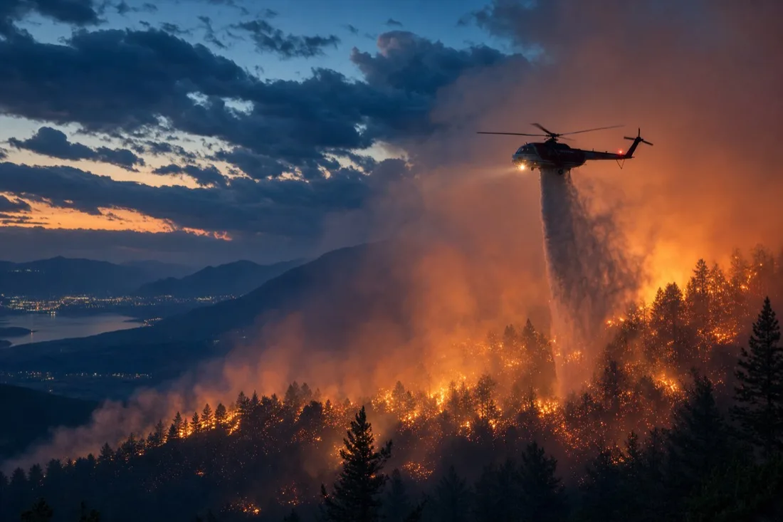 Firefighting helicopter dropping water over a burning forested ridge at dusk
