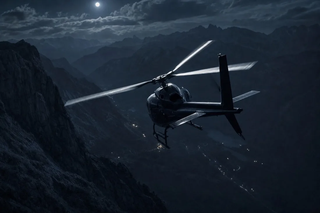 Helicopter descending over a moonlit mountain valley at night