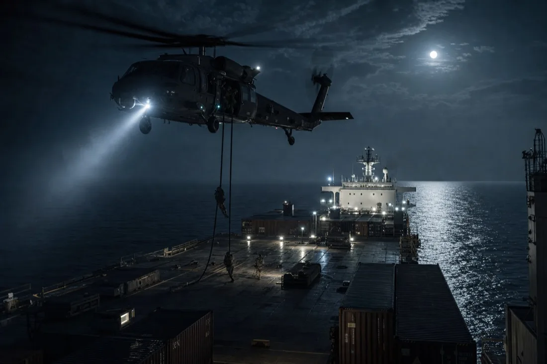 Black Hawk in a low hover fast-roping a team onto a container ship deck at night